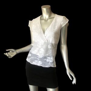 Vanity Women's Vintage 90's Semi Sheer White Floral Blouse V Neck Top Stretch
